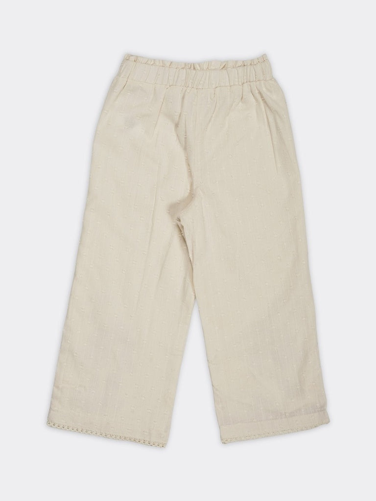 HOP Kids Girls Ecru Dobby Textured Wide Leg Cotton Trousers