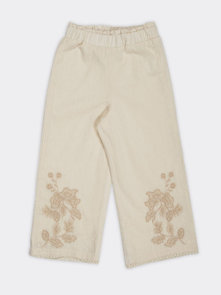 HOP Kids Girls Ecru Dobby Textured Wide Leg Cotton Trousers
