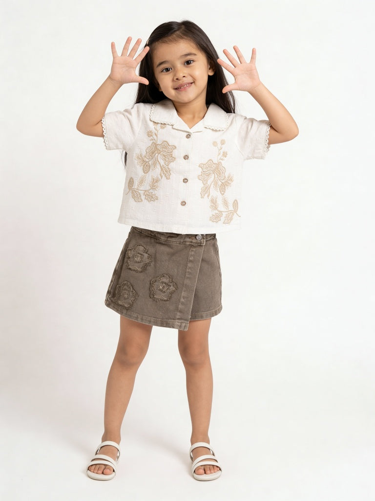 HOP Kids Girls Off-White Dobby Textured Lace Trim Cotton Shirt