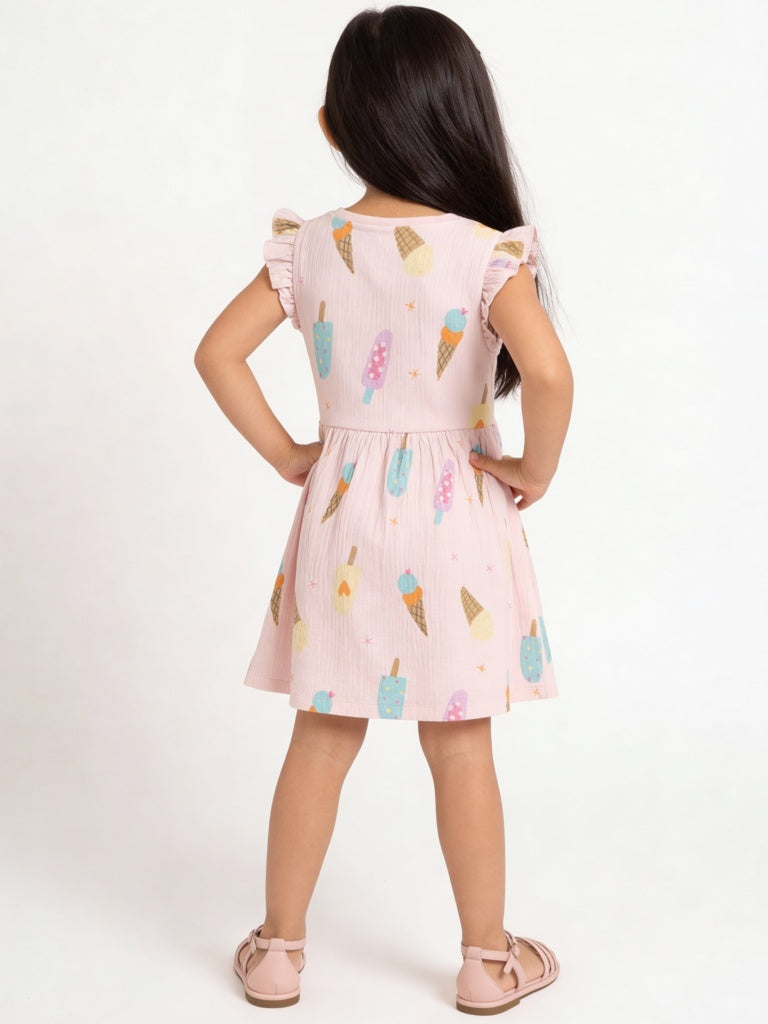 HOP Kids Girls Pink Ice-Cream Printed Cotton-Blend A-Line Dress