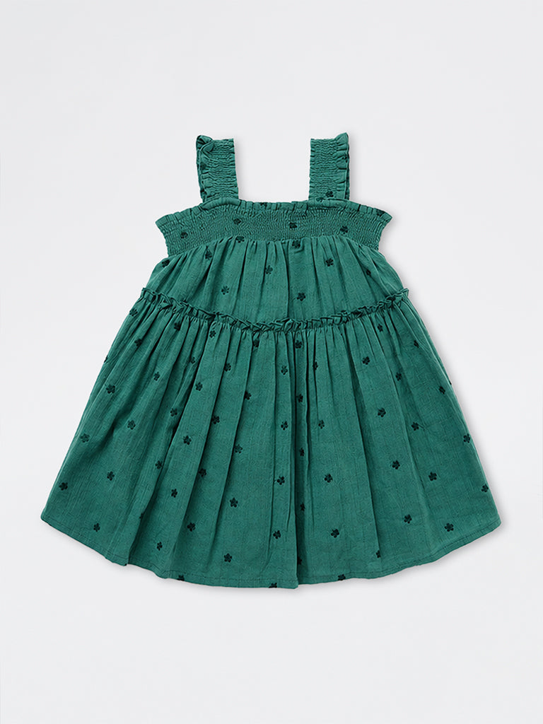 HOP Kids Girls Teal Embroidered Cotton-Blend A-Line Dress