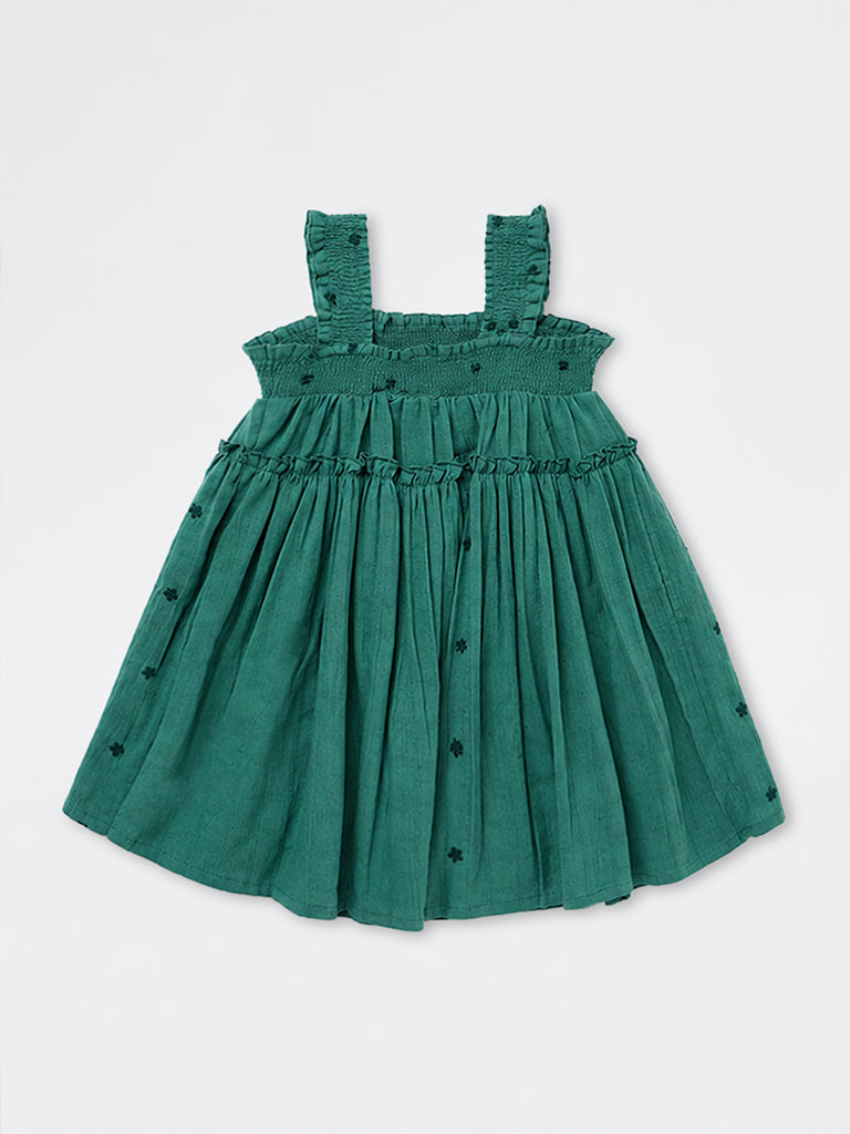 HOP Kids Girls Teal Embroidered Cotton-Blend A-Line Dress
