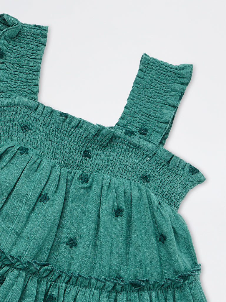 HOP Kids Girls Teal Embroidered Cotton-Blend A-Line Dress