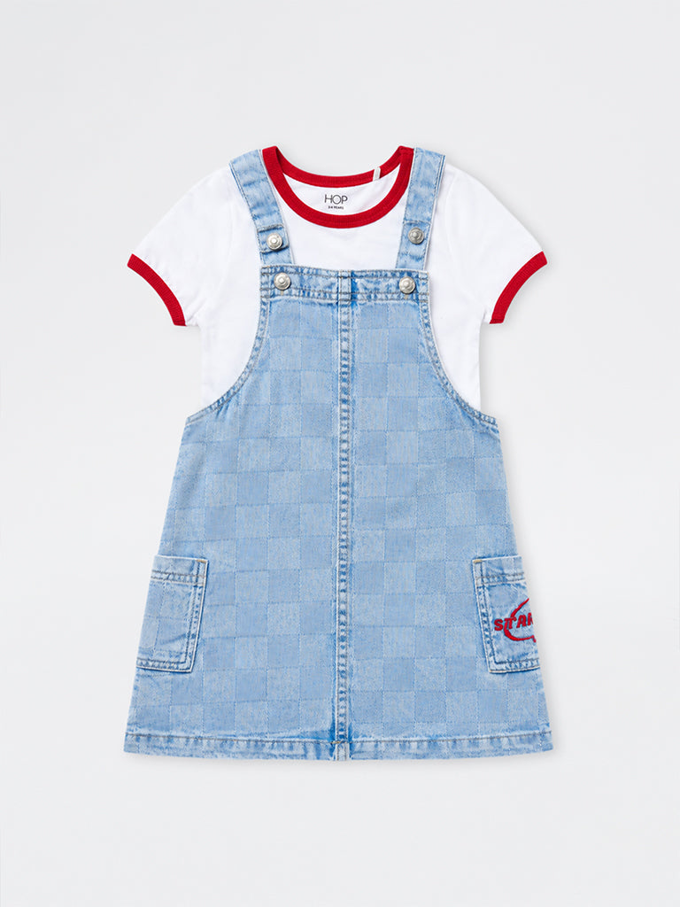 HOP Kids Girls Blue Checkered Denim Dungaree with T-Shirt