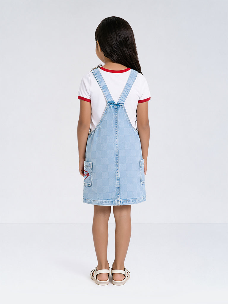 HOP Kids Girls Blue Checkered Denim Dungaree with T-Shirt