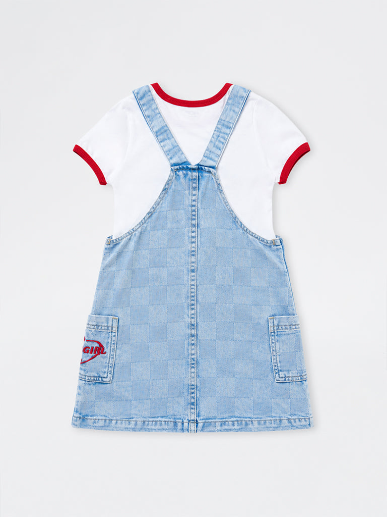 HOP Kids Girls Blue Checkered Denim Dungaree with T-Shirt