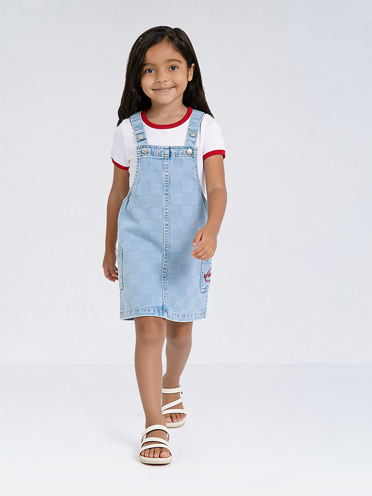 HOP Kids Girls Blue Checkered Denim Dungaree with T-Shirt