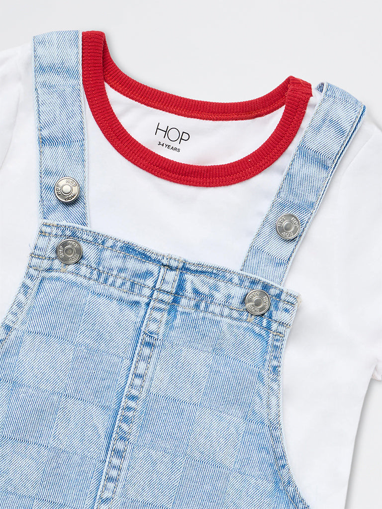 HOP Kids Girls Blue Checkered Denim Dungaree with T-Shirt