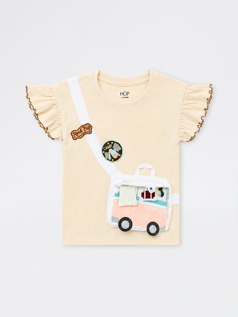 HOP Kids Girls Light Beige Camping-Inspired Cotton Top