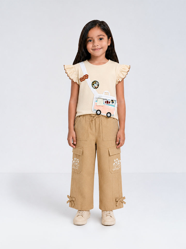 HOP Kids Girls Light Beige Camping-Inspired Cotton Top