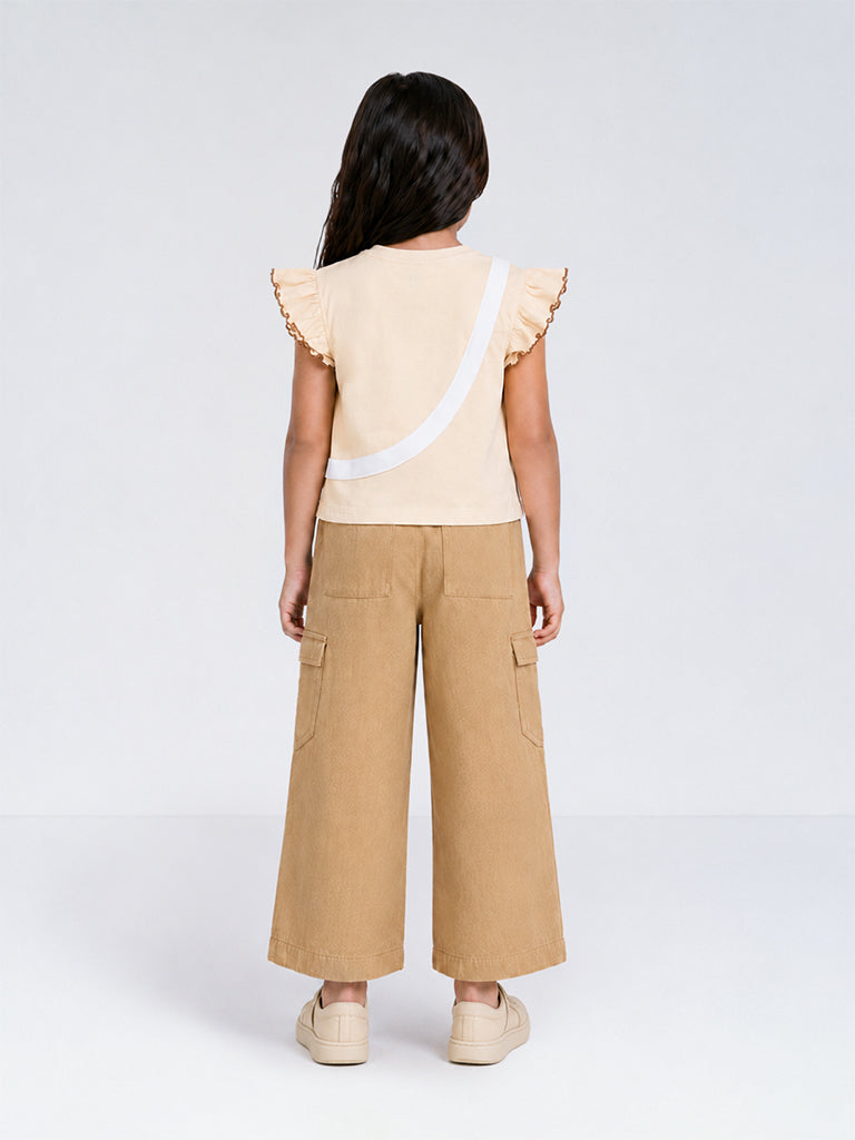 HOP Kids Girls Light Beige Camping-Inspired Cotton Top
