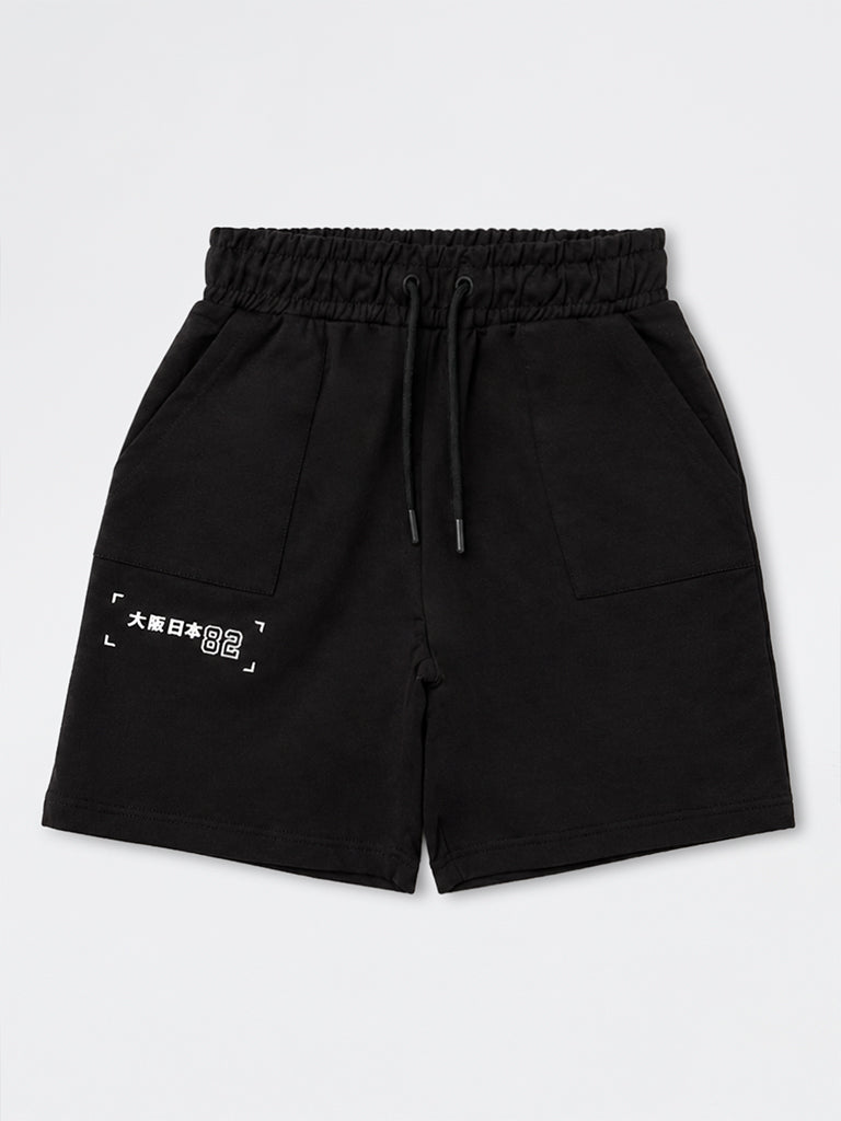 Boys Black Text-Detailed Mid-Rise Cotton-Blend Shorts