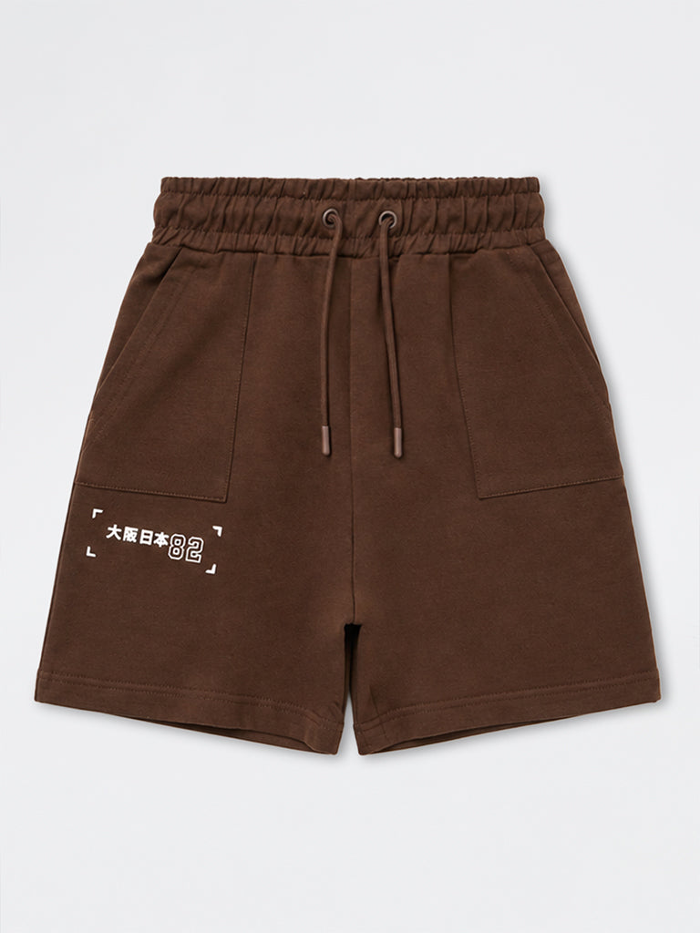 Boys Brown Text-Detailed Mid-Rise Cotton-Blend Shorts