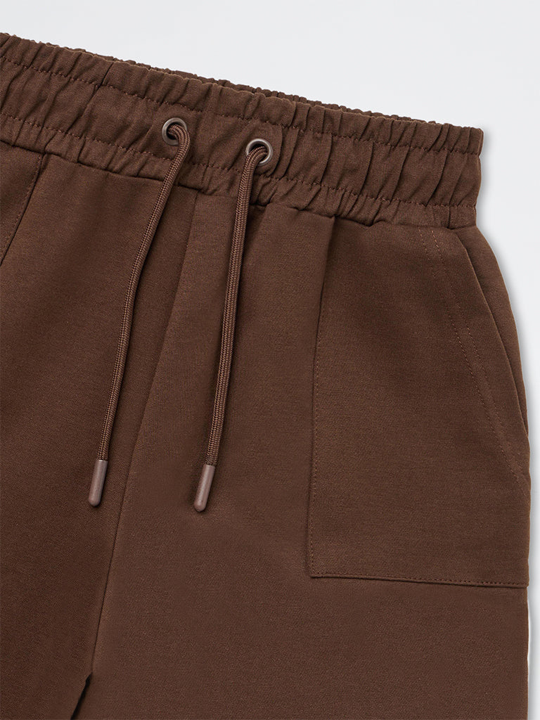 Boys Brown Text-Detailed Mid-Rise Cotton-Blend Shorts