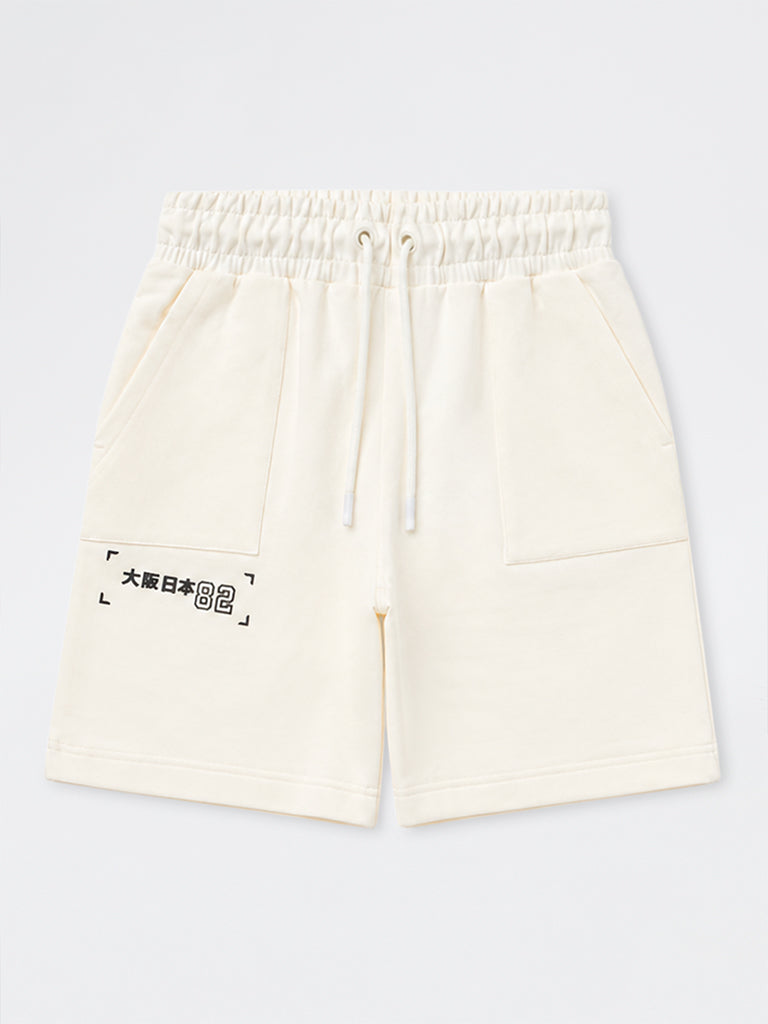 Boys White Japanese-Text Printed Mid-Rise Cotton-Blend Shorts