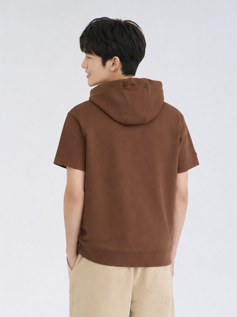 Boys Brown Japanese Text Printed Cotton-Blend Hooded Sweatshirt