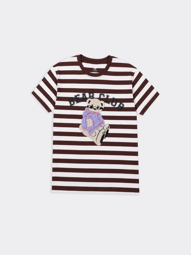 Girls Brown Striped Bear Graphic Cotton T-Shirt
