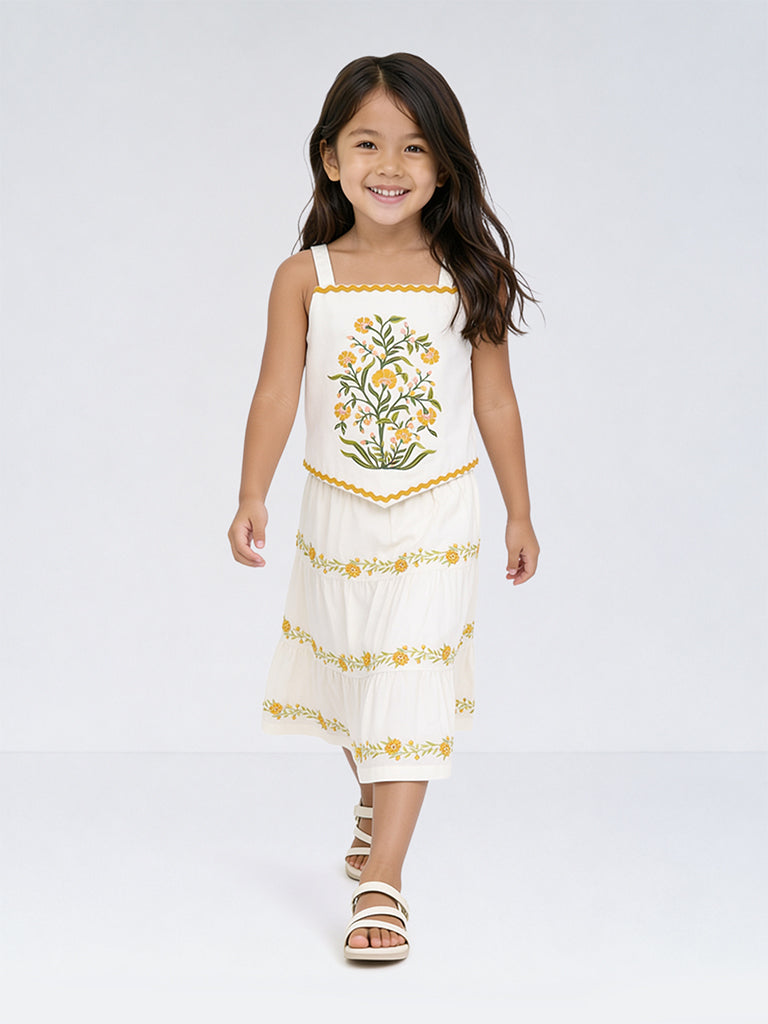 Utsa Kids Girls White Floral Embroidered Cotton-Blend Tiered Skirt - (2-8 yrs)