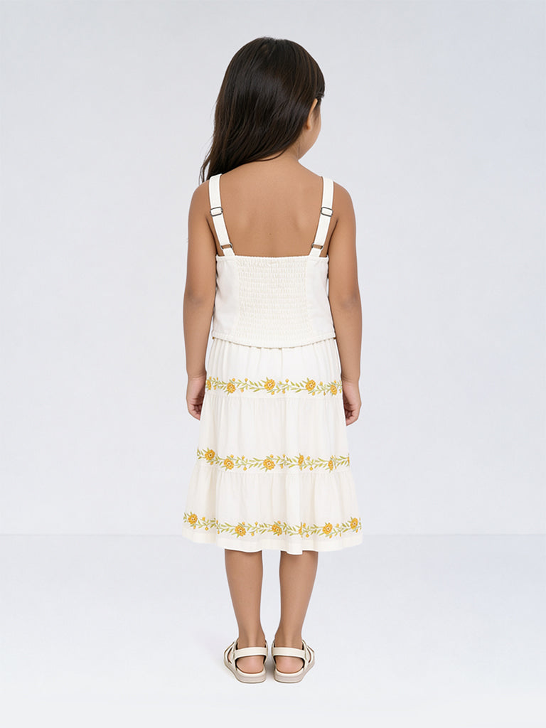 Utsa Kids Girls White Floral Embroidered Cotton-Blend Tiered Skirt - (2-8 yrs)