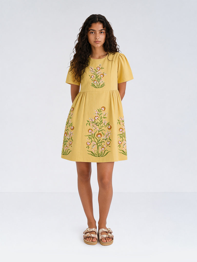 Utsa Kids Girls Yellow Floral Printed Cotton-Blend A-line Dress - (8-14 yrs)