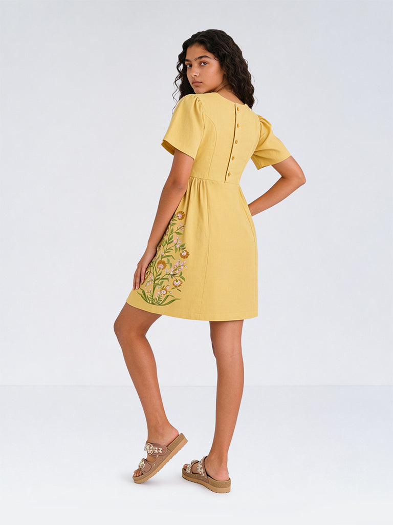 Utsa Kids Girls Yellow Floral Printed Cotton-Blend A-line Dress - (8-14 yrs)