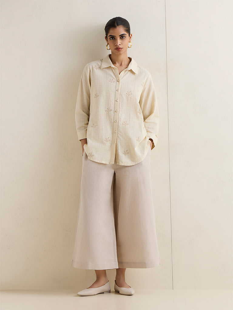 Zuba Beige Floral Embroidered Cotton Shirt