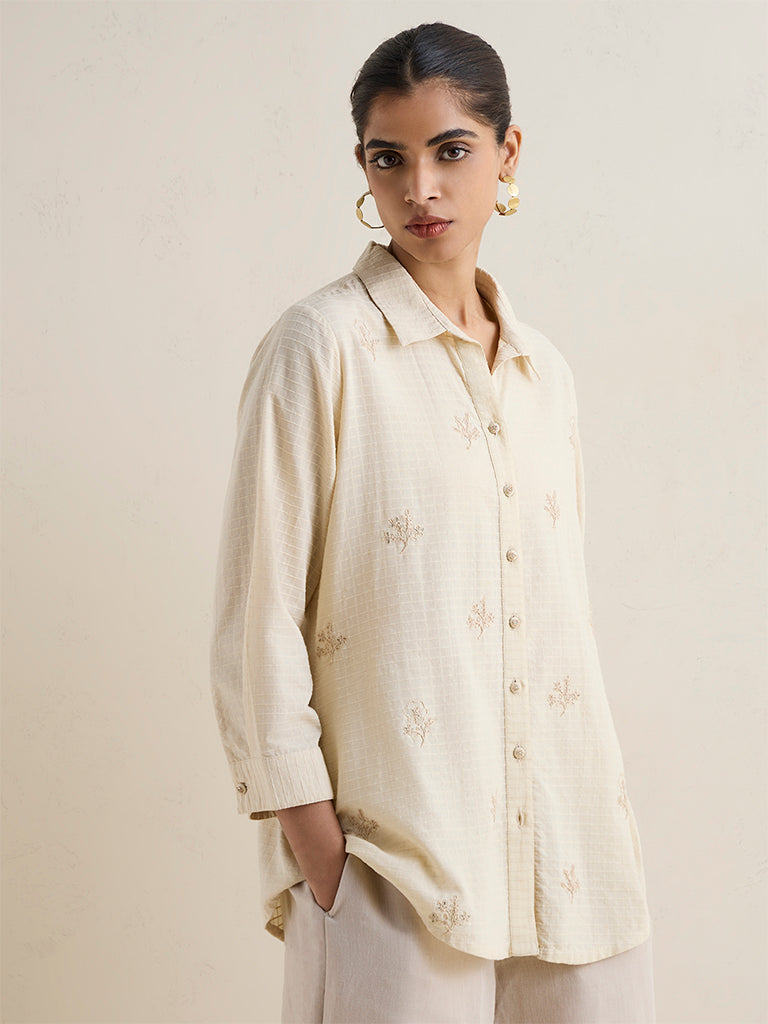Zuba Beige Floral Embroidered Cotton Shirt