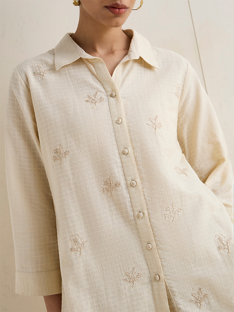 Zuba Beige Floral Embroidered Cotton Shirt