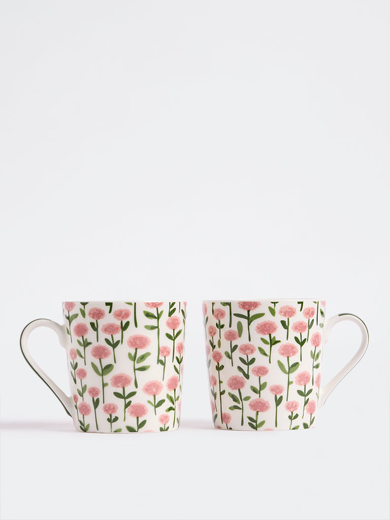 Westside Home White Floral Printed Mugs - Set of 2