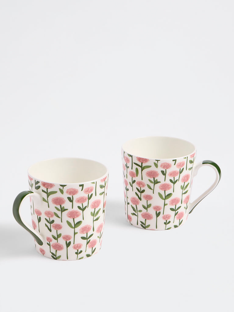 Westside Home White Floral Printed Mugs - Set of 2