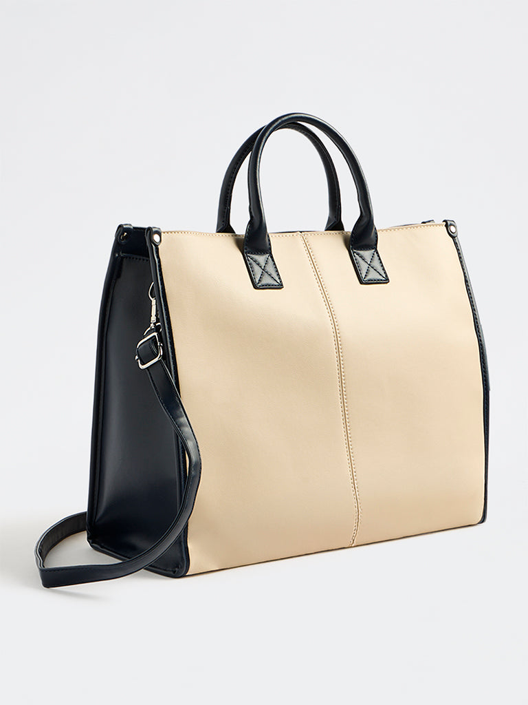 Westside Off-White and Navy Structured Handbag