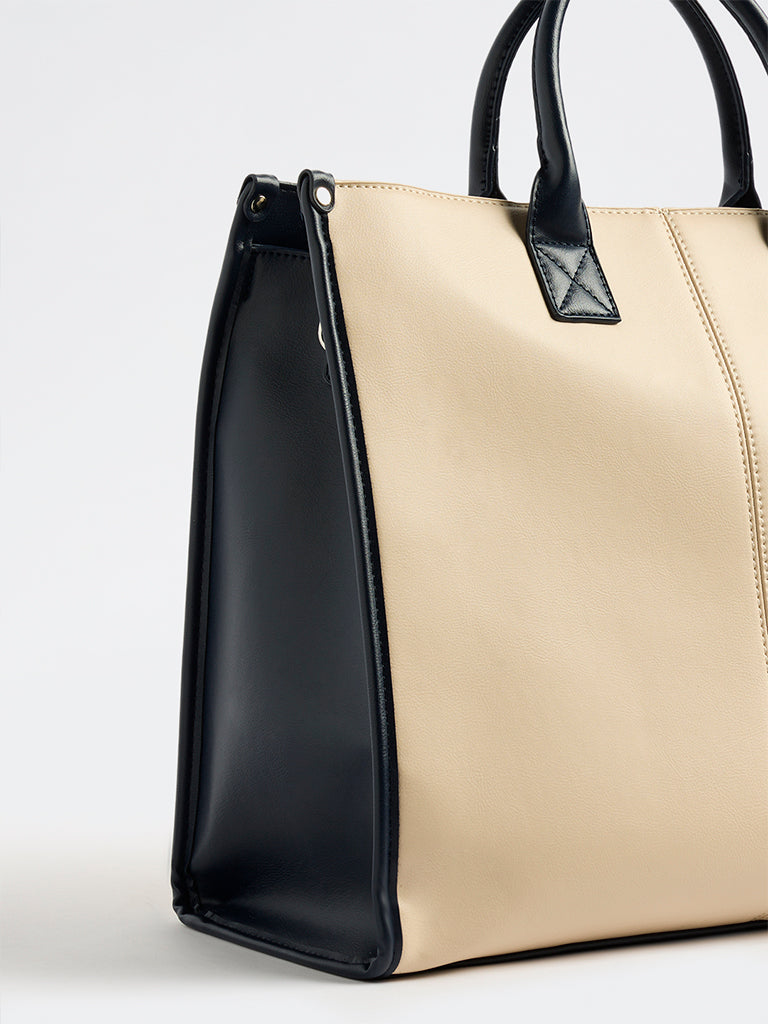 Westside Off-White and Navy Structured Handbag