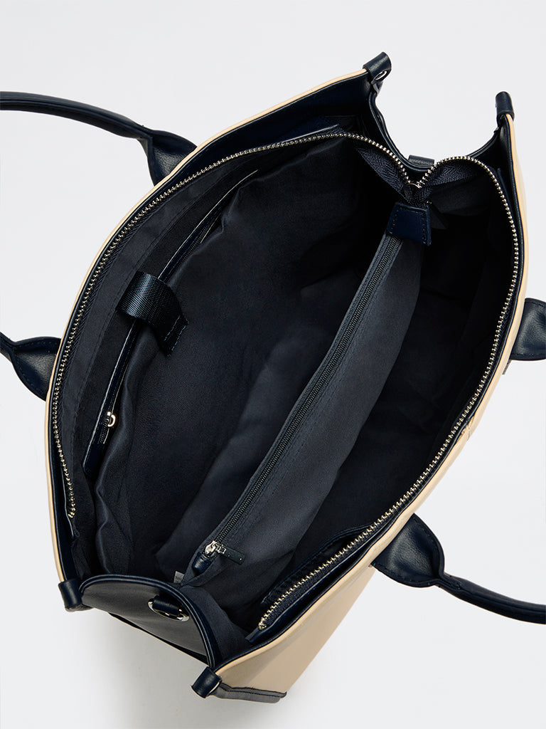 Westside Off-White and Navy Structured Handbag