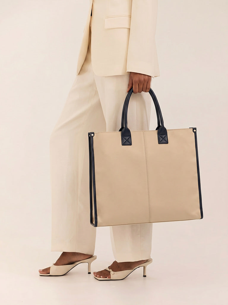 Westside Off-White and Navy Structured Handbag