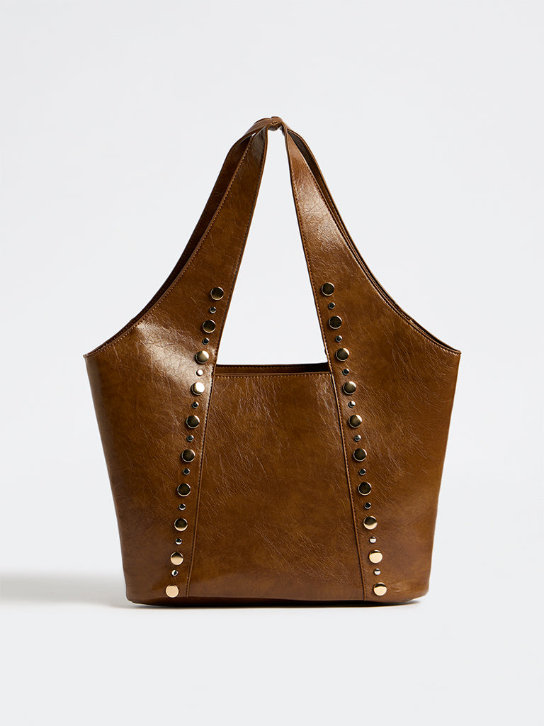 Westside Brown Stud-Detail Tote Bag