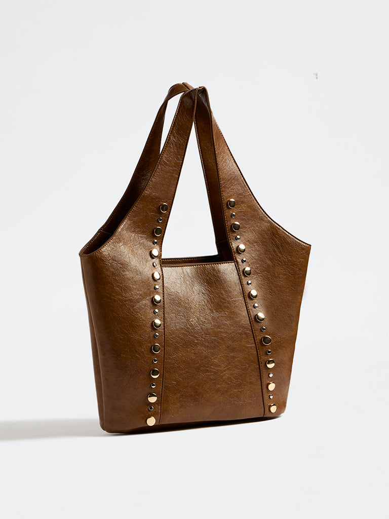 Westside Brown Stud-Detail Tote Bag