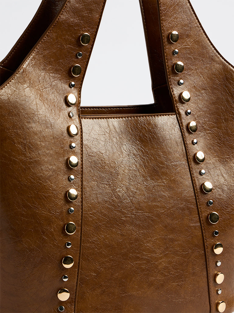 Westside Brown Stud-Detail Tote Bag