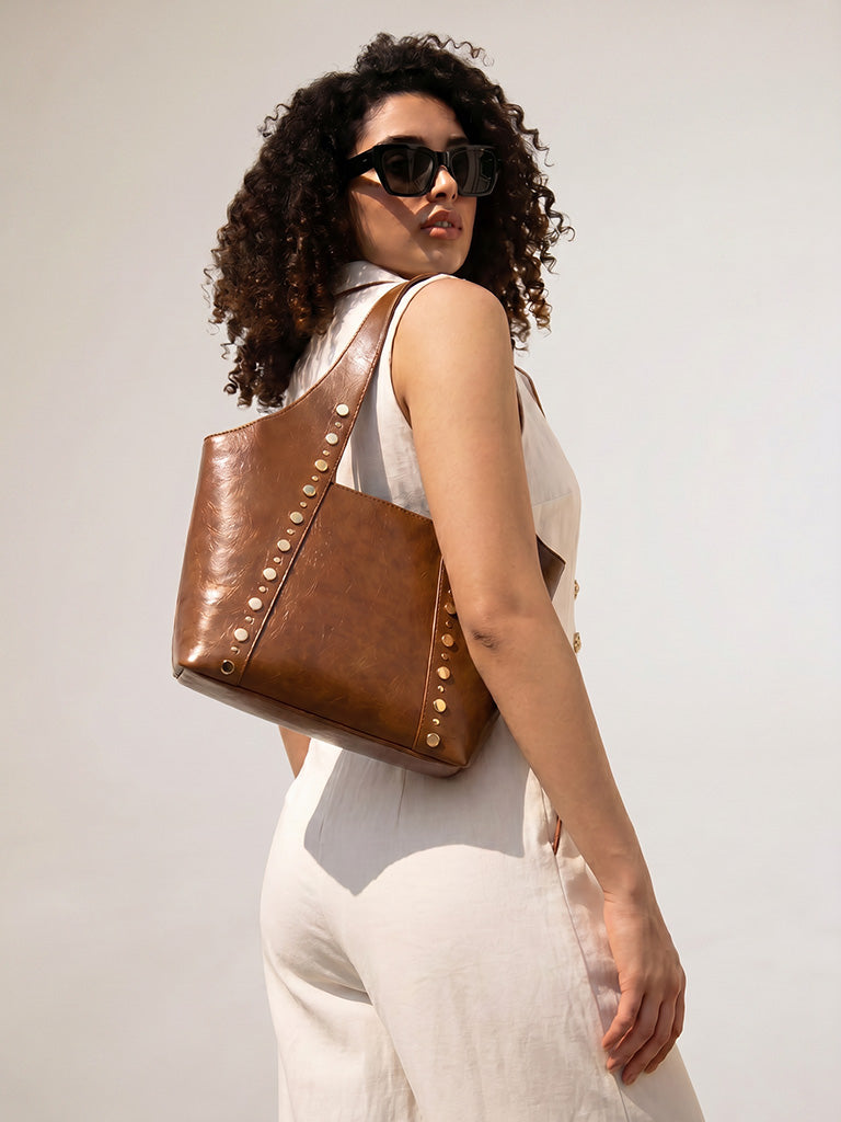 Westside Brown Stud-Detail Tote Bag