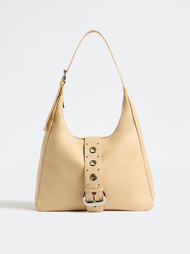 Westside Beige Eyelet-Detailed Shoulder Bag