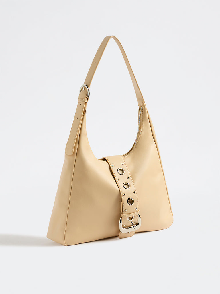 Westside Beige Eyelet-Detailed Shoulder Bag
