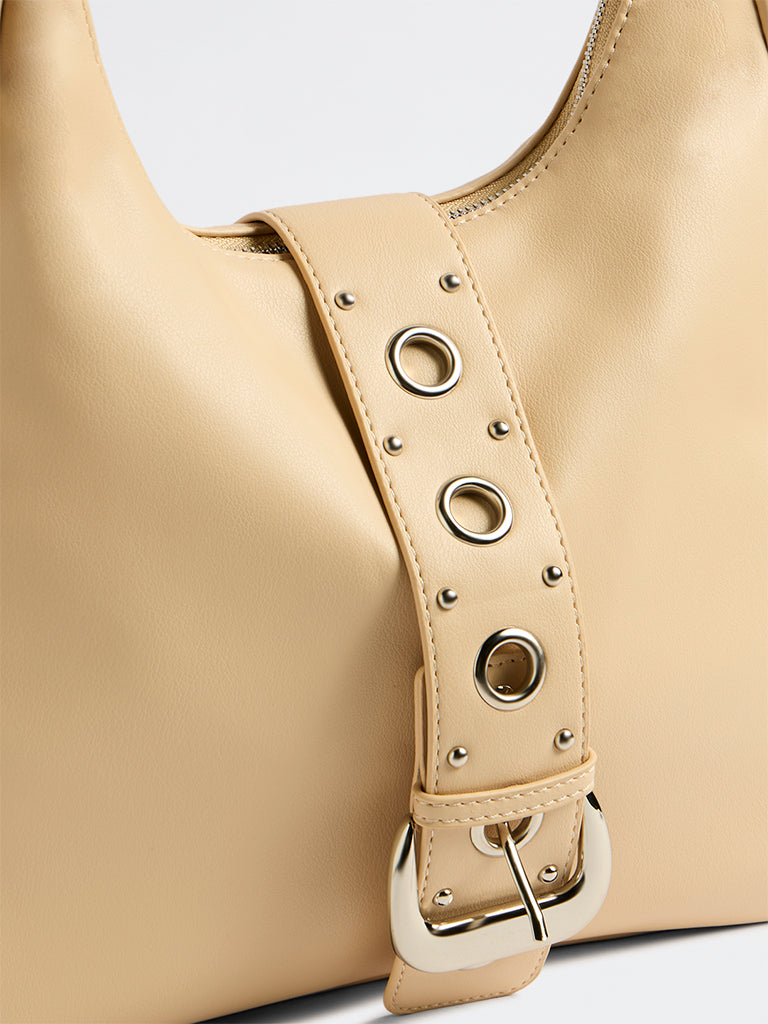 Westside Beige Eyelet-Detailed Shoulder Bag