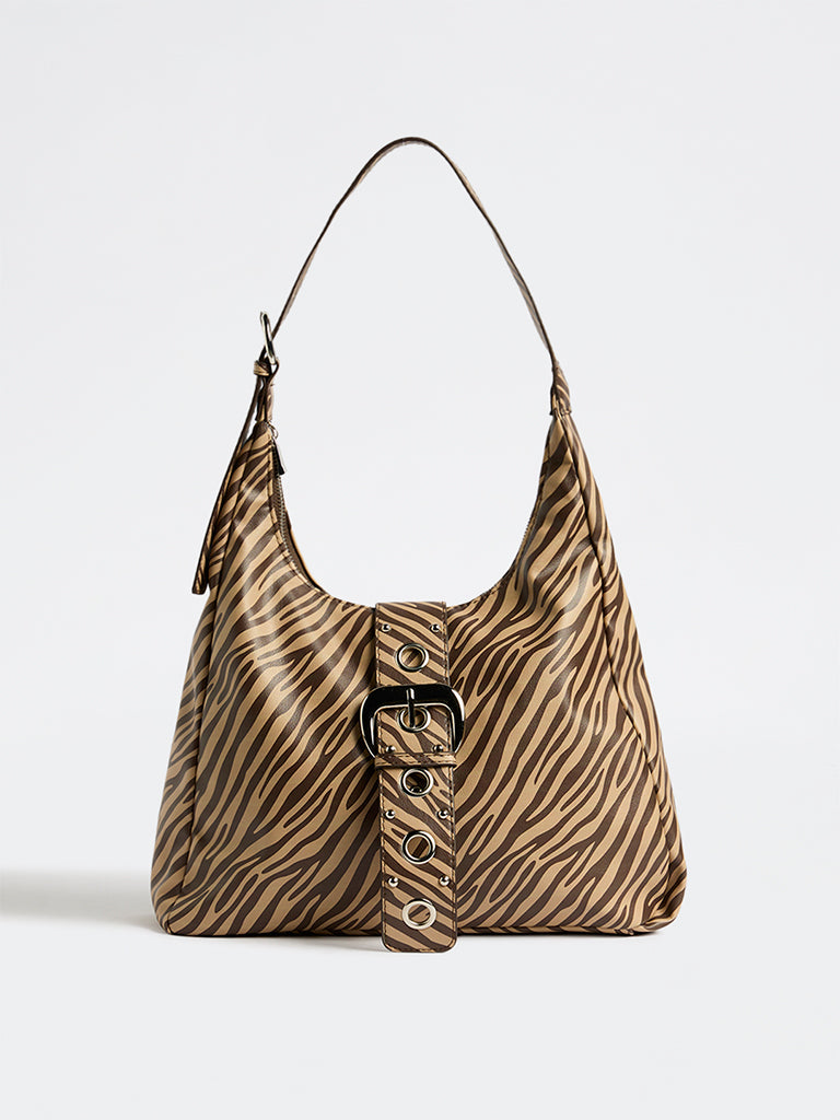 Westside Brown Animal Printed Eyelet-Detailed Shoulder Bag