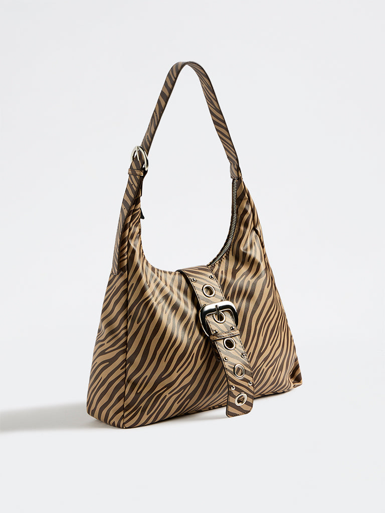 Westside Brown Animal Printed Eyelet-Detailed Shoulder Bag