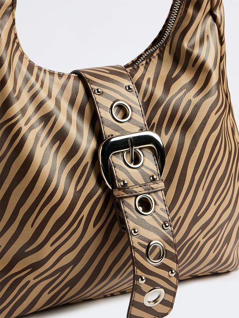 Westside Brown Animal Printed Eyelet-Detailed Shoulder Bag