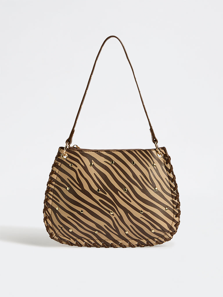 Westside Brown Animal Printed Stud-Detailed Shoulder Bag