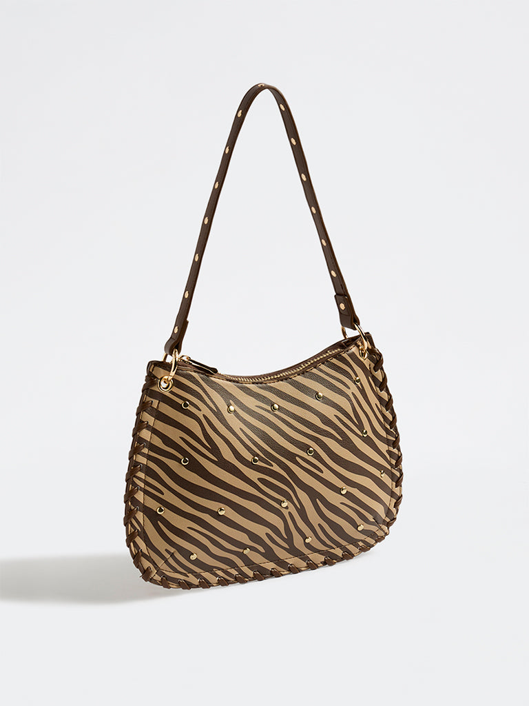 Westside Brown Animal Printed Stud-Detailed Shoulder Bag