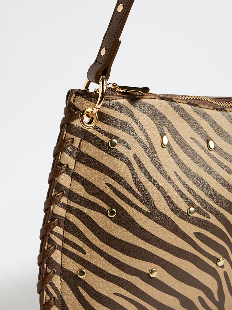 Westside Brown Animal Printed Stud-Detailed Shoulder Bag