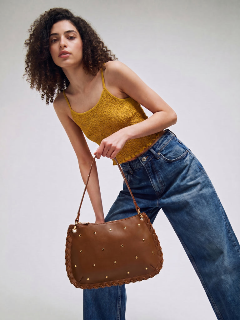 Westside Brown Stud-Detailed Shoulder Bag