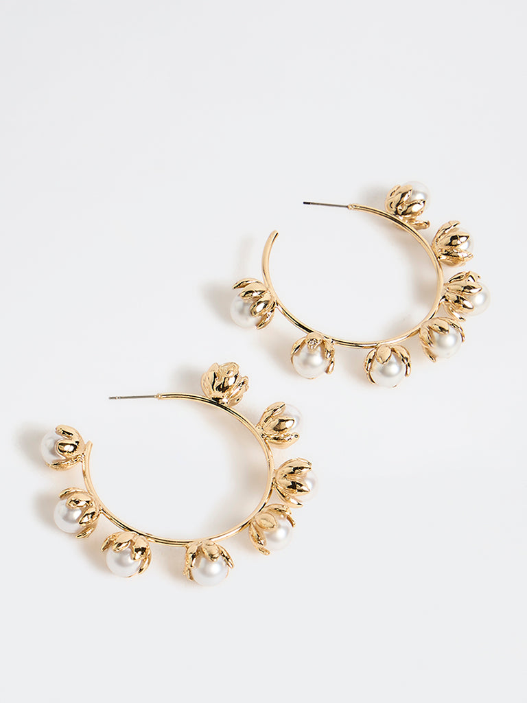 Westside Accessories Gold Floral Pearl Hoop Earrings