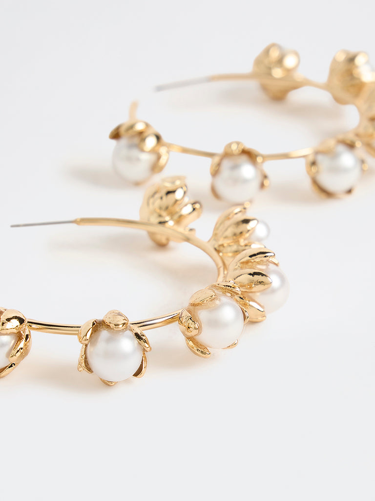 Westside Accessories Gold Floral Pearl Hoop Earrings